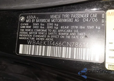 2006 BMW 650I z USA, uszkodzony, nr VIN WBAEK13466CN78614